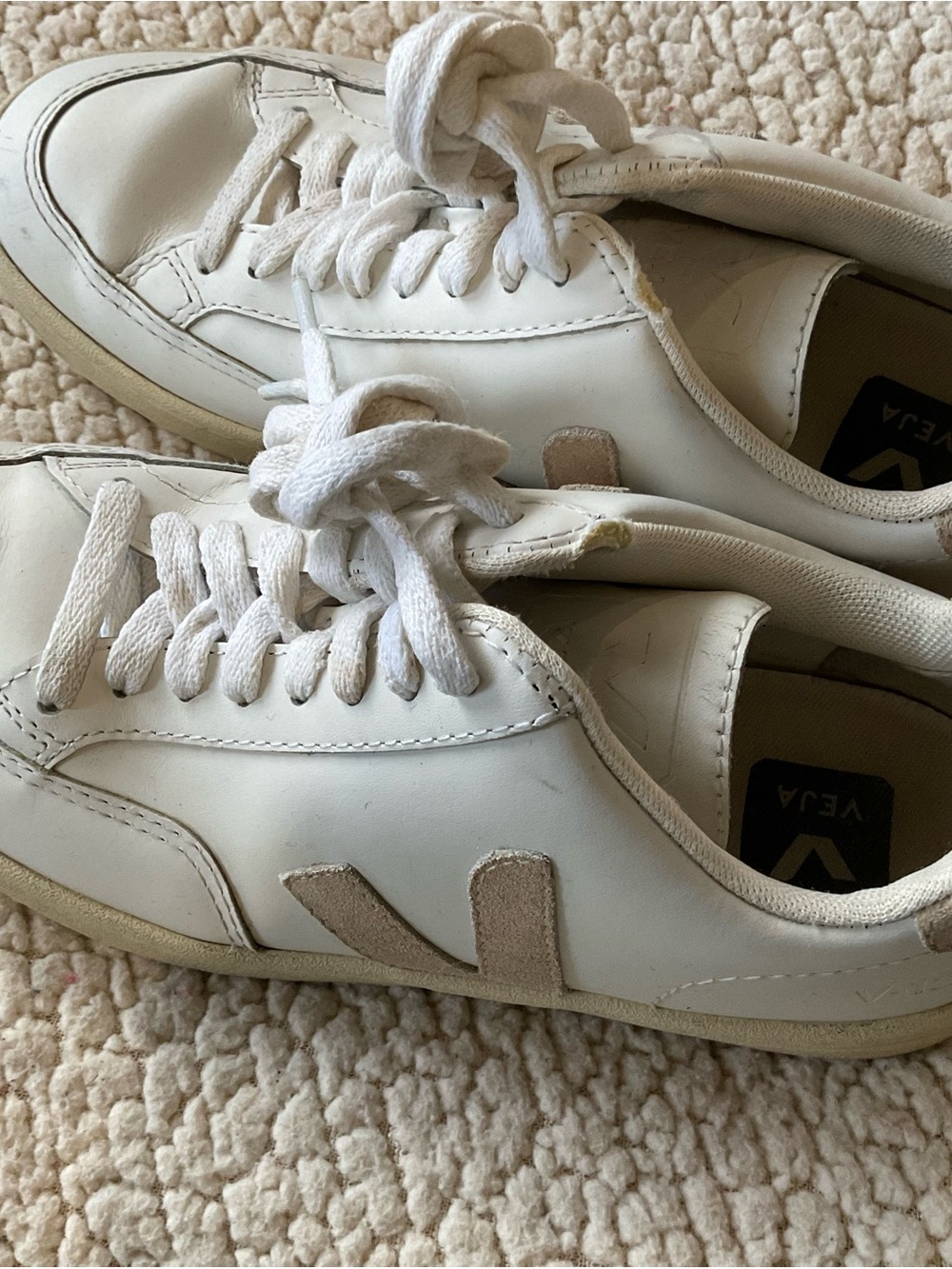 Veja Volley White Leather Sneakers with Beige Suede V Accent